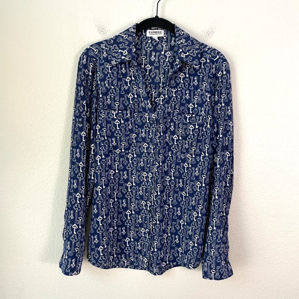 Express The Portofino Shirt Womens Small Key Print Blouse Top Roll Tab Sleeve